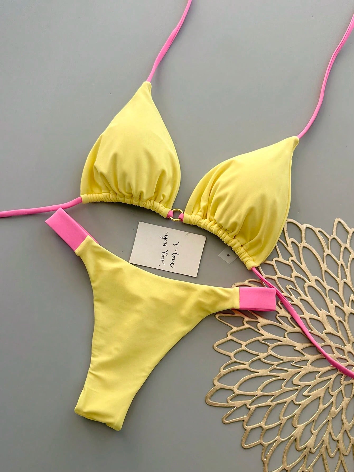Women's Summer Beach Colorblock Sexy Bikini Swimwear Set Vacation Yellow - image 3