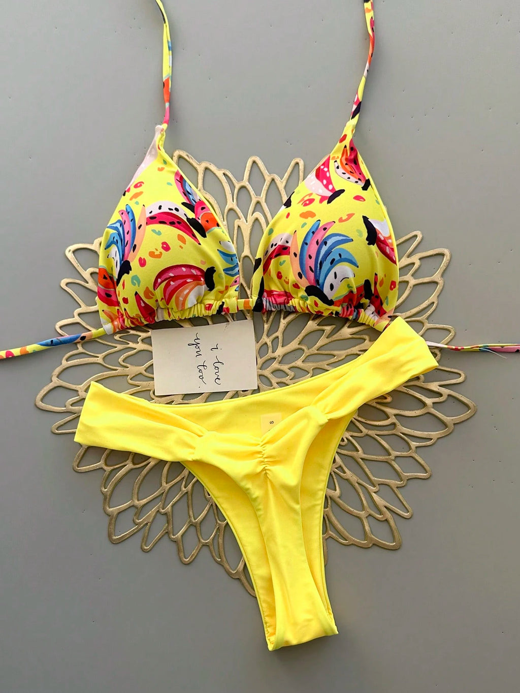 Women's Casual Spaghetti Strap Drawstring Bikini Set, Colorful Banana