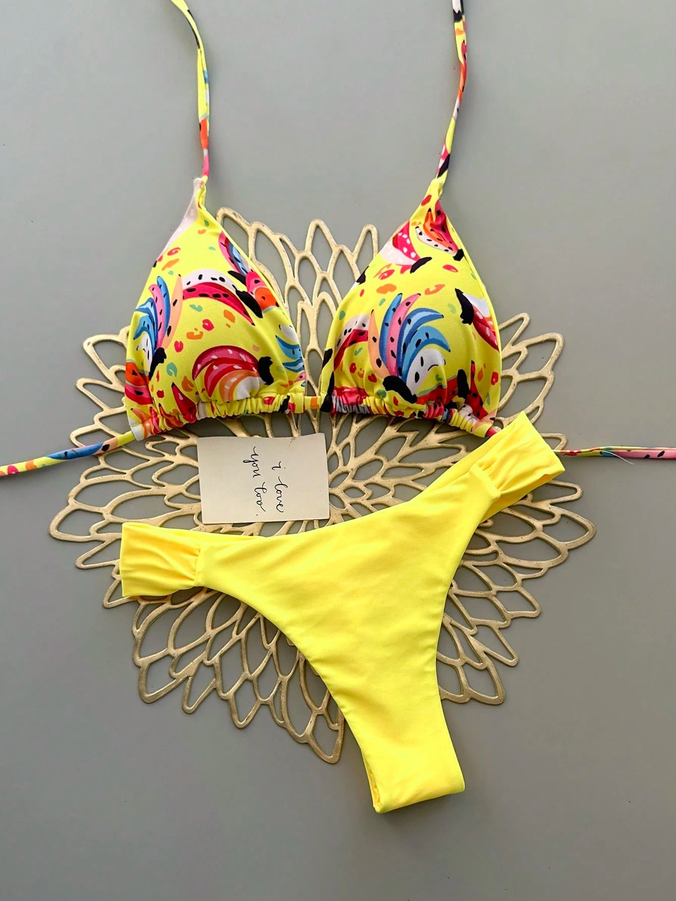 Women's Casual Spaghetti Strap Drawstring Bikini Set, Colorful Banana