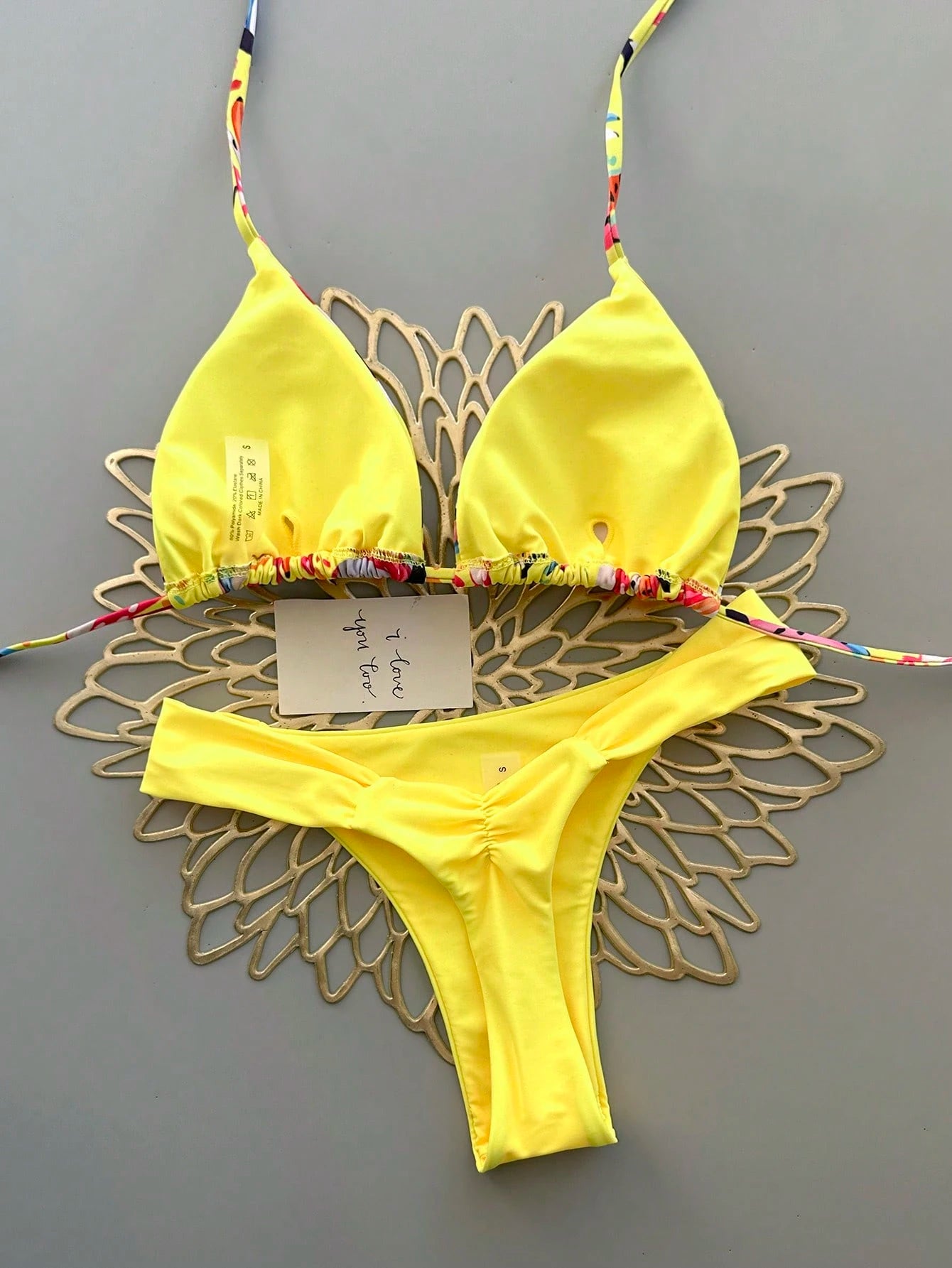 Women's Casual Spaghetti Strap Drawstring Bikini Set, Colorful Banana