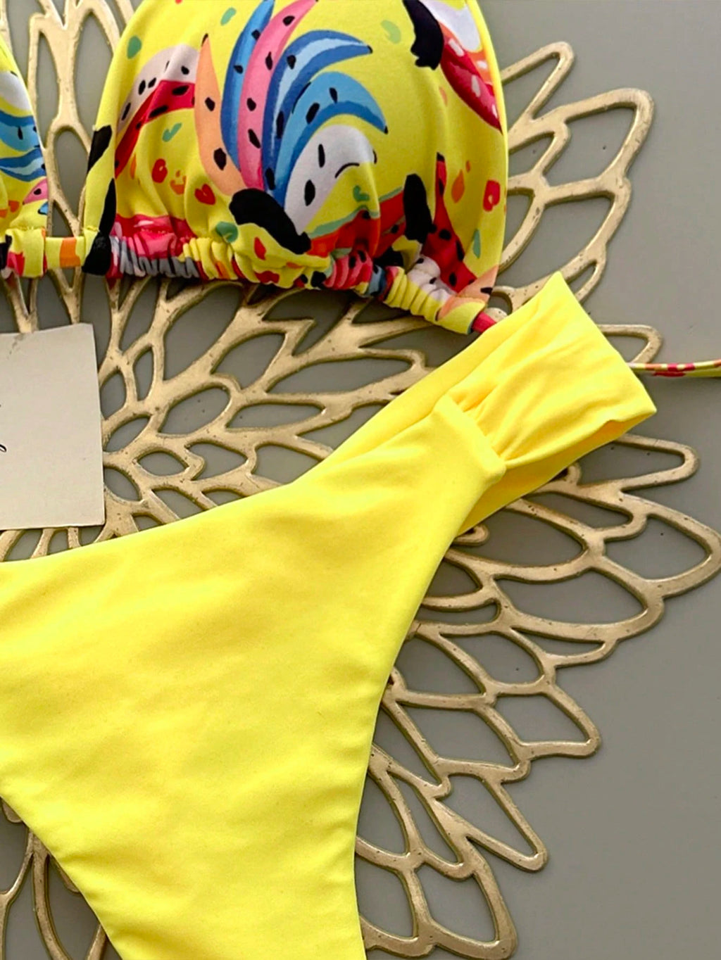 Women's Casual Spaghetti Strap Drawstring Bikini Set, Colorful Banana