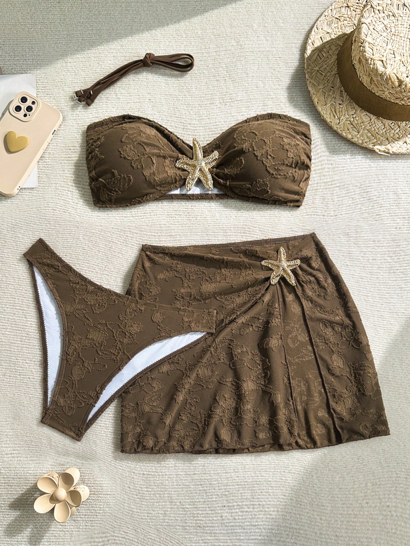 Soleia Women's Cute Dusky Blue Summer Beach Vacation Holiday 3-Piece Bikini Set