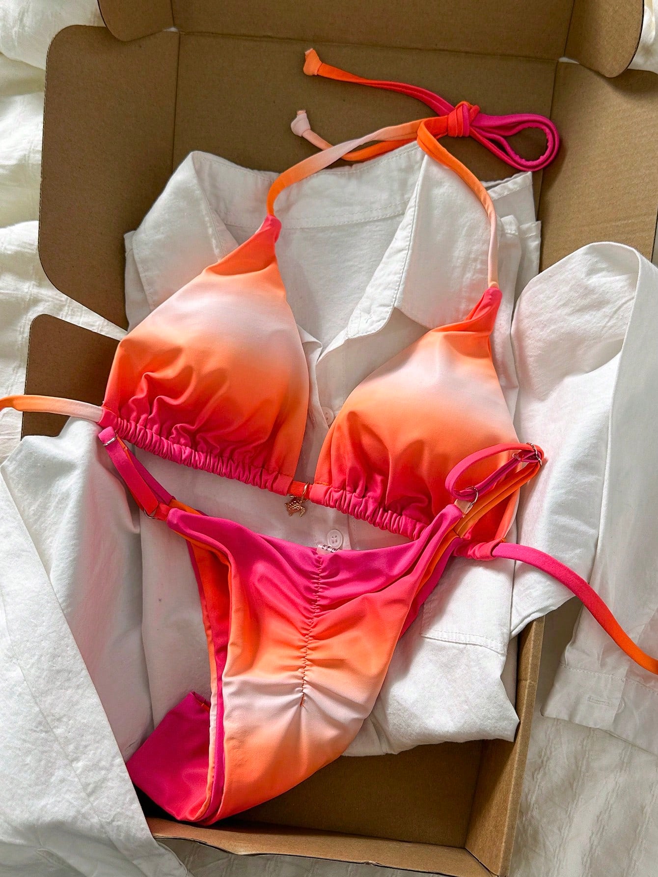 Swim Mod Multicolor Fabric Tropical Halter Bikini Set Knot Tie Side