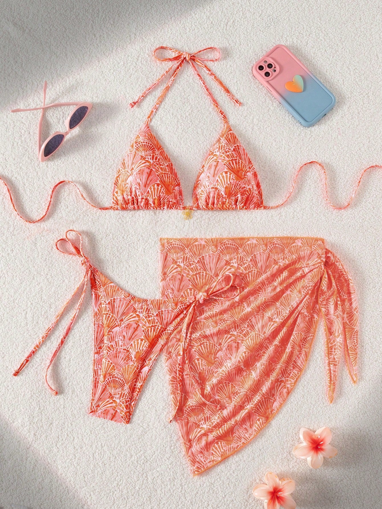 Swim Mod Off-White 3-Piece Set,Women Floral Textured Halter Triangle Bikini Top,