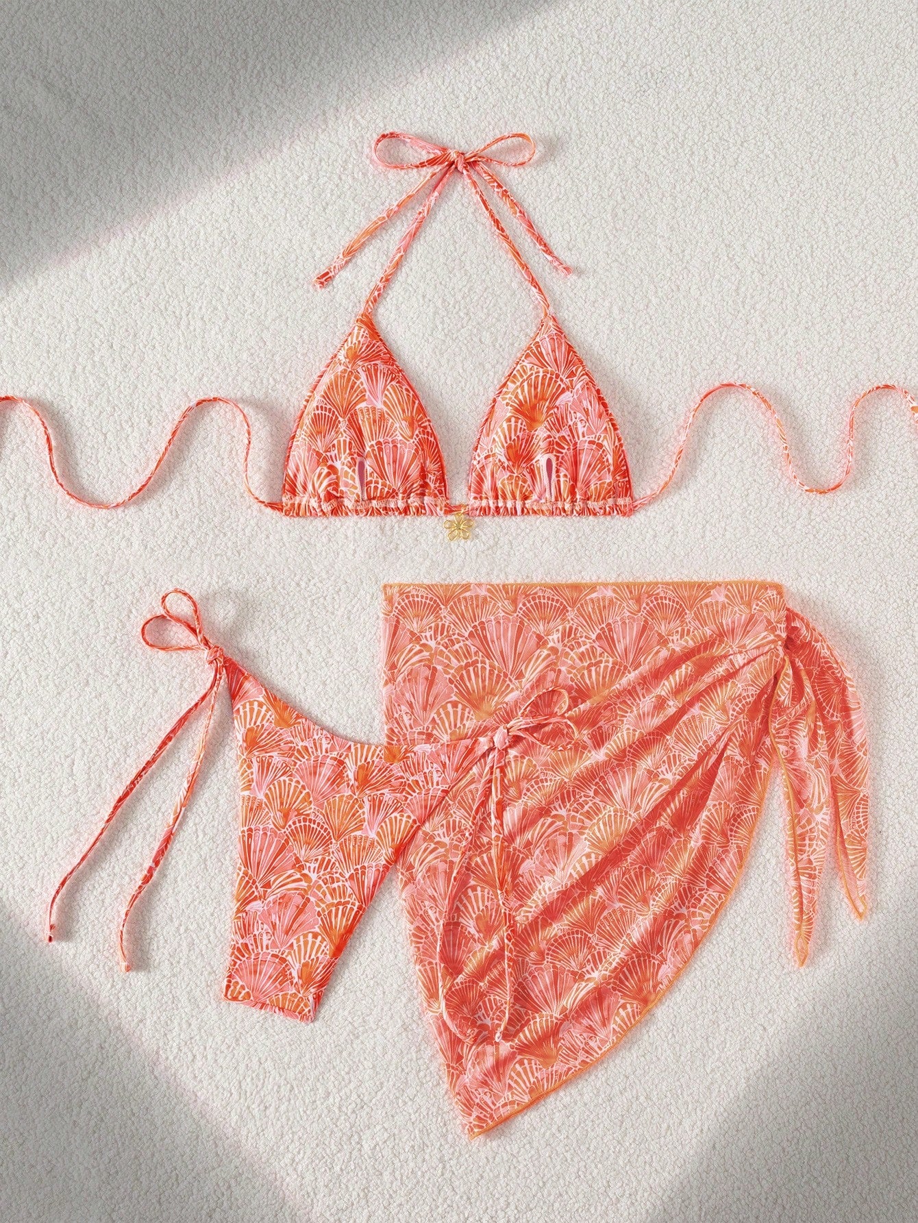 Swim Mod Off-White 3-Piece Set,Women Floral Textured Halter Triangle Bikini Top,