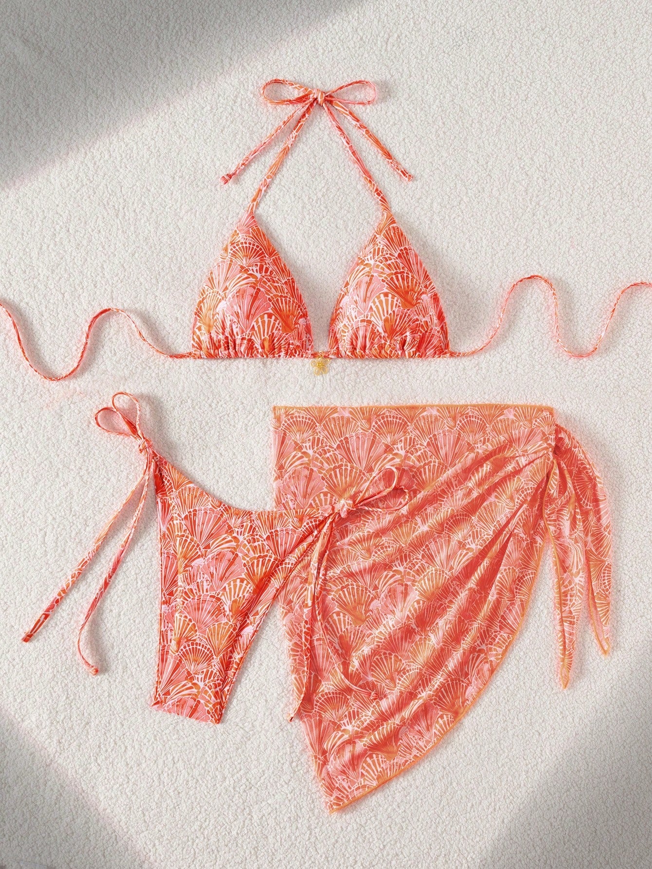 Swim Mod Off-White 3-Piece Set,Women Floral Textured Halter Triangle Bikini Top,