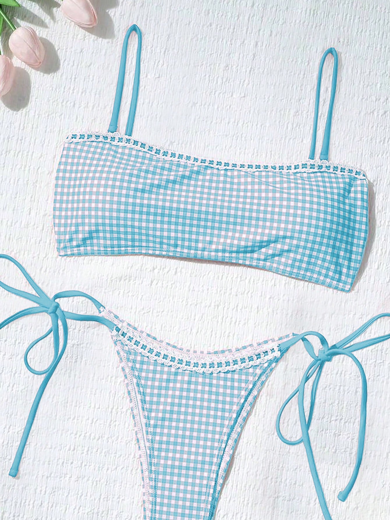 Women's Cute Plaid Print Bow Tie Ruffle Backless Bikini Set, Suitable For Summer Beach, Easter, St. Patrick's - image 18