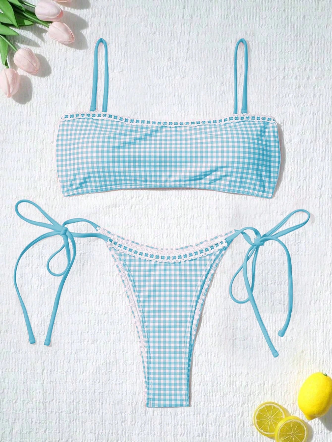 Women's Cute Plaid Print Bow Tie Ruffle Backless Bikini Set, Suitable For Summer Beach, Easter, St. Patrick's - image 16