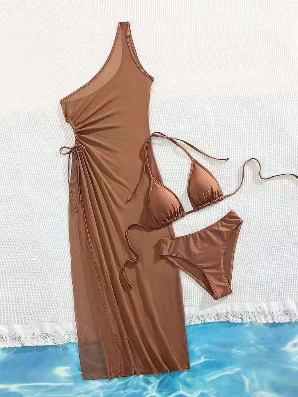 2026 New 3pcs Brown Swimwear Set For Women, Spaghetti Strap Bikini With Mesh Cov