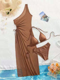 2026 New 3pcs Brown Swimwear Set For Women, Spaghetti Strap Bikini With Mesh Cov