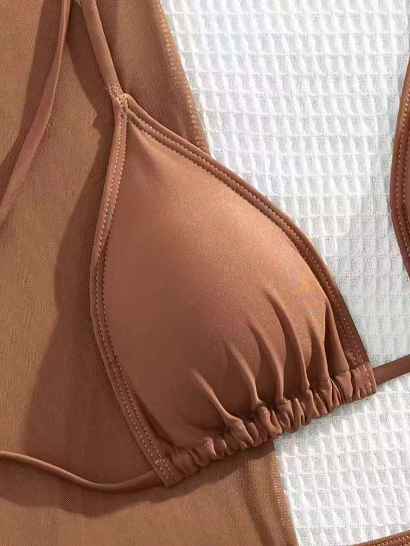 2026 New 3pcs Brown Swimwear Set For Women, Spaghetti Strap Bikini With Mesh Cov