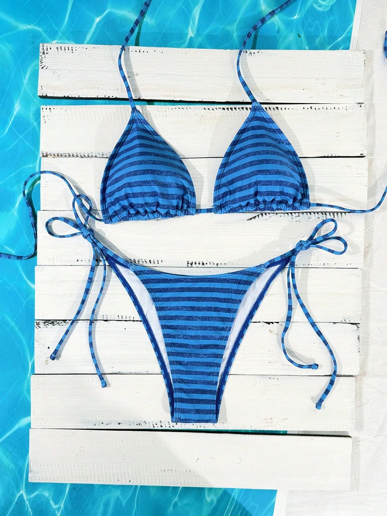 Swim Vcay Women's Blue Floral Halter Neck Tie Side Bikini Set,2 Pieces Summer Ca