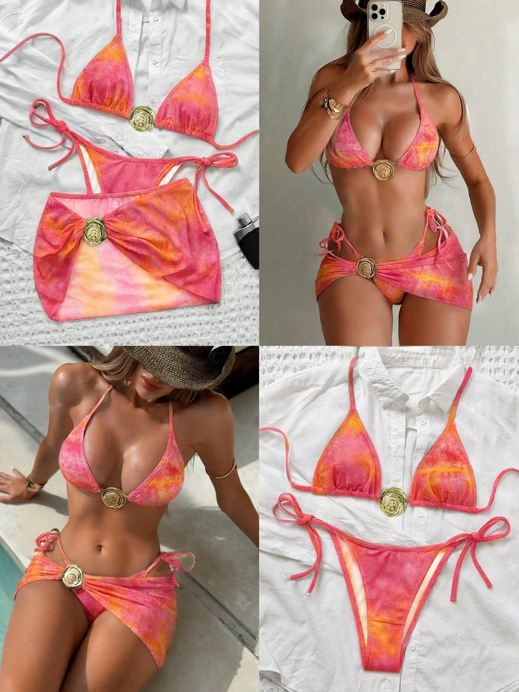 Swim SXY 3pcs Retro Printed Halter Bikini Set, Including Bandage Pants, Mesh Min