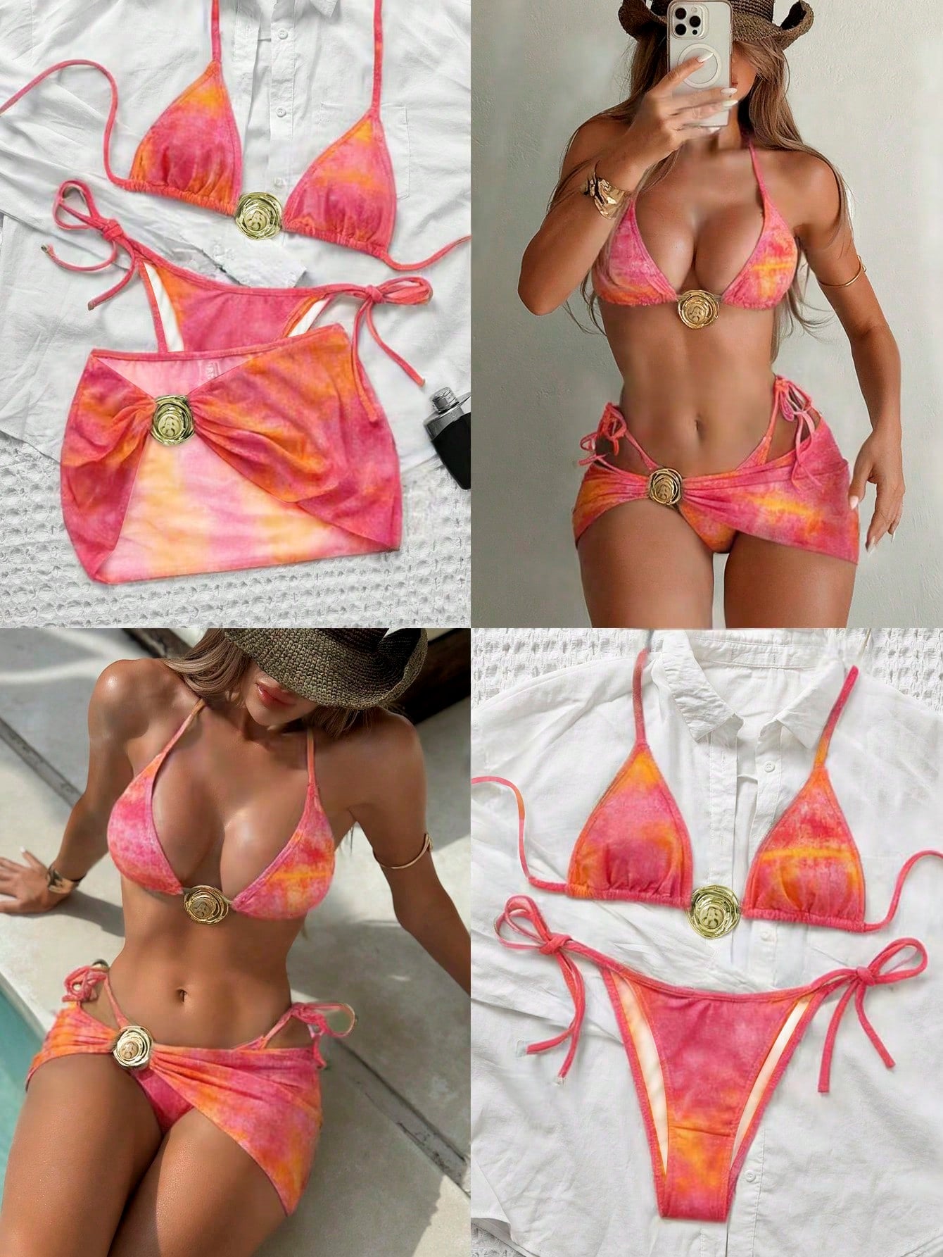 Swim SXY 3pcs Retro Printed Halter Bikini Set, Including Bandage Pants, Mesh Min