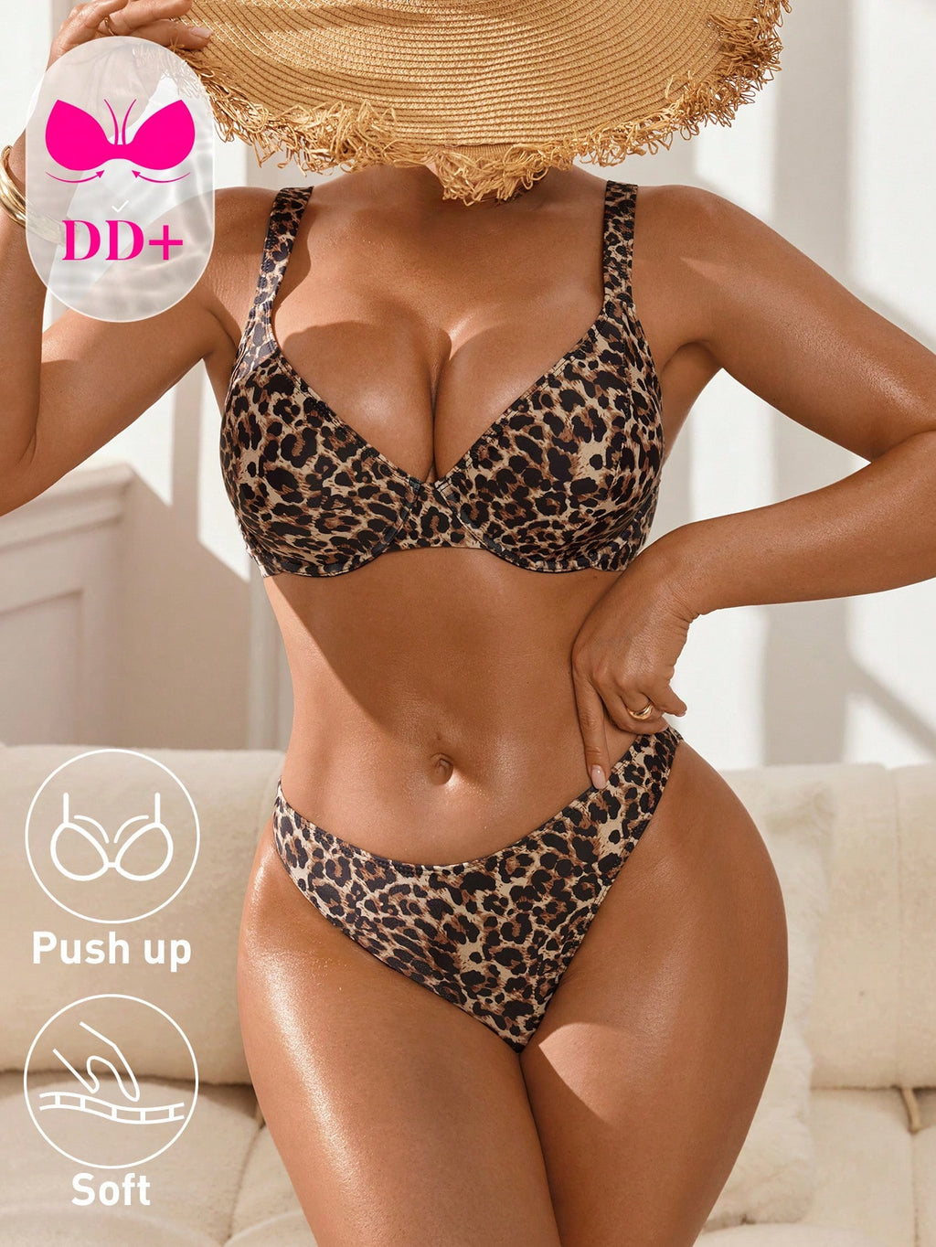 Swim DD+ Women's White With Black Polka Dots Bikini Set,70s Retro