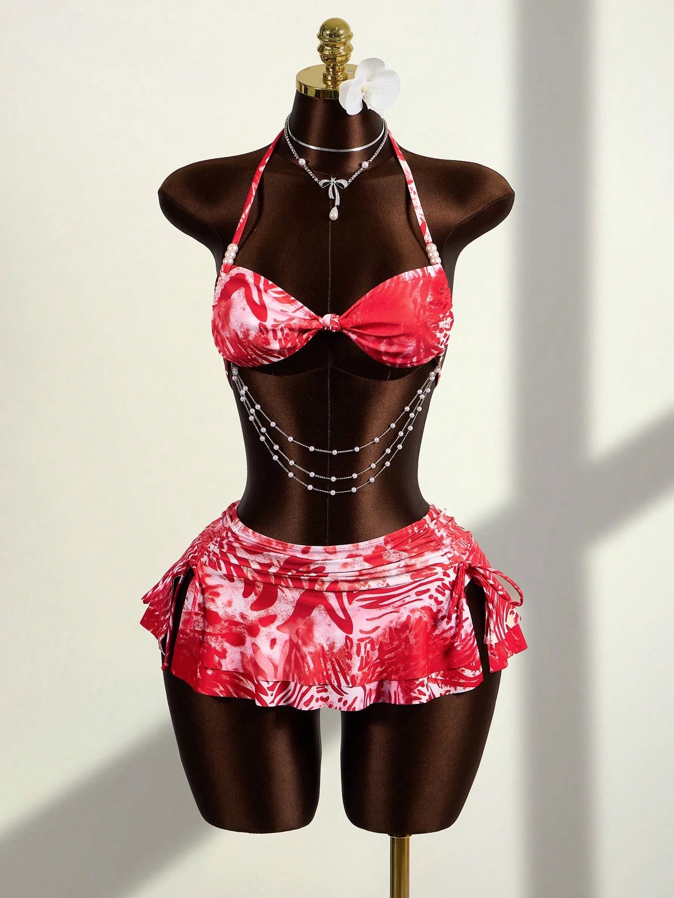Zestiva 3pcs/Set Brown Summer Boho Sequin Beach Party Holiday Holiday Animal Print Halter Top,Side Drawstring - image 3
