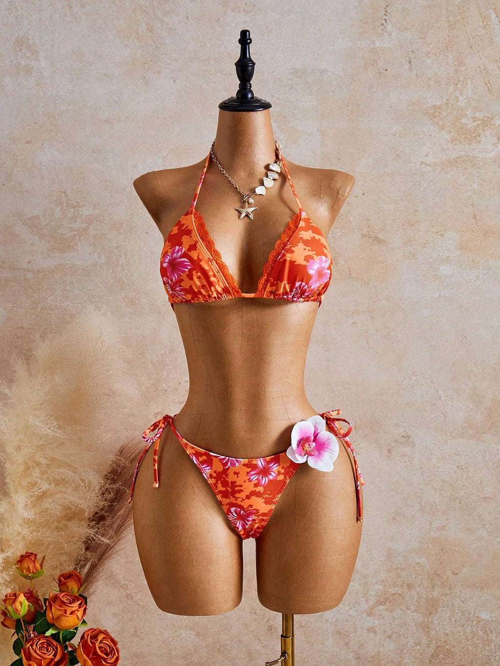 Bellisia Women's Floral Print Frill Lace Trim Tie Front 3-Piece