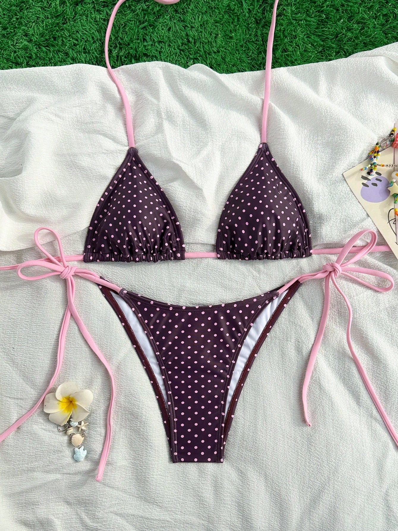 Swim Mod Women Red And Black Polka Dot Bikini Set,Halter Neck
