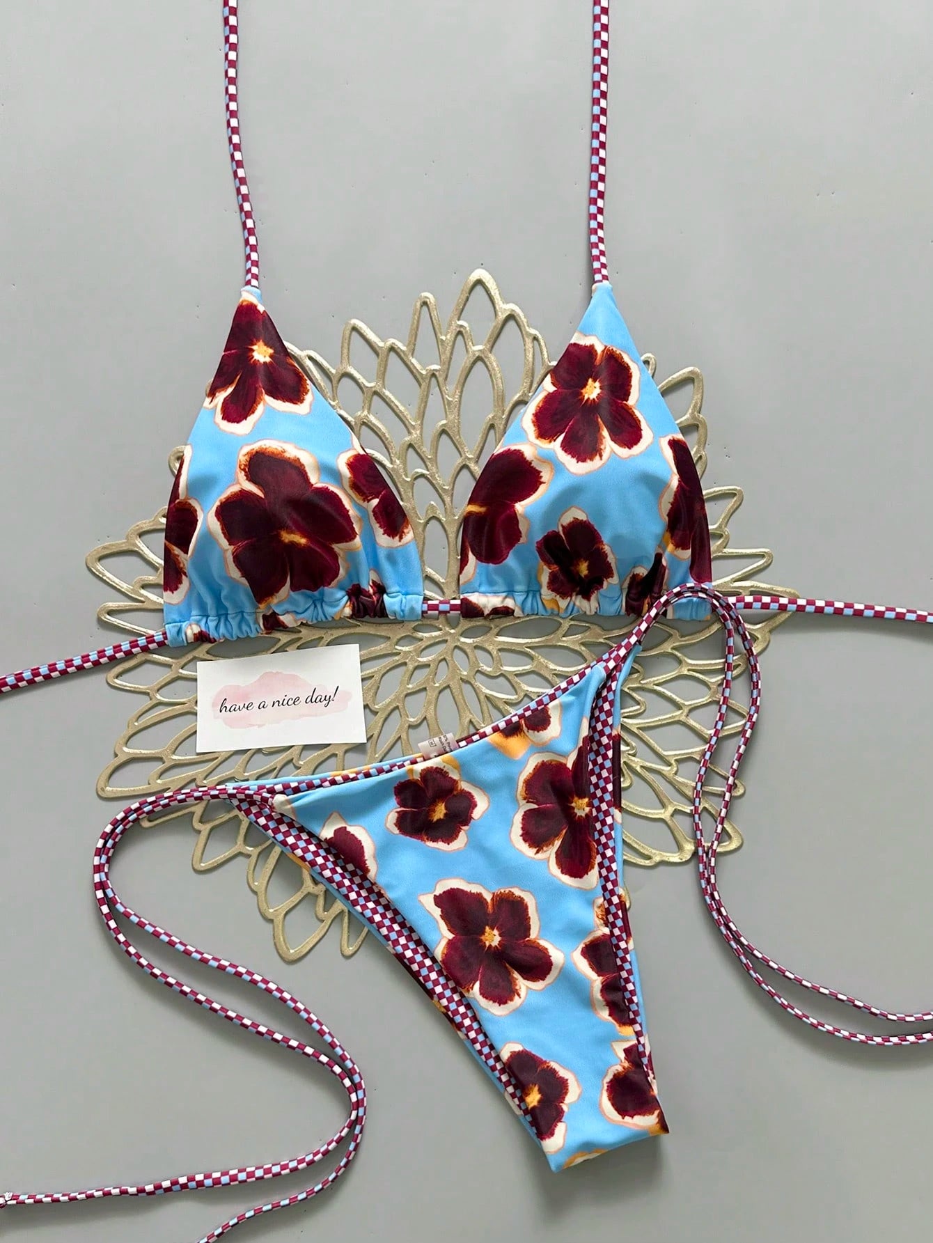 2pcs Retro Floral Colorblock Plaid Print Bikini Swimwear, Suitable
