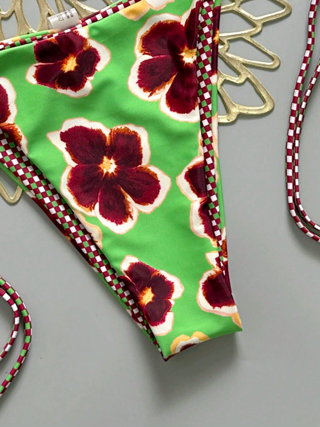 2pcs Retro Floral Colorblock Plaid Print Bikini Swimwear, Suitable