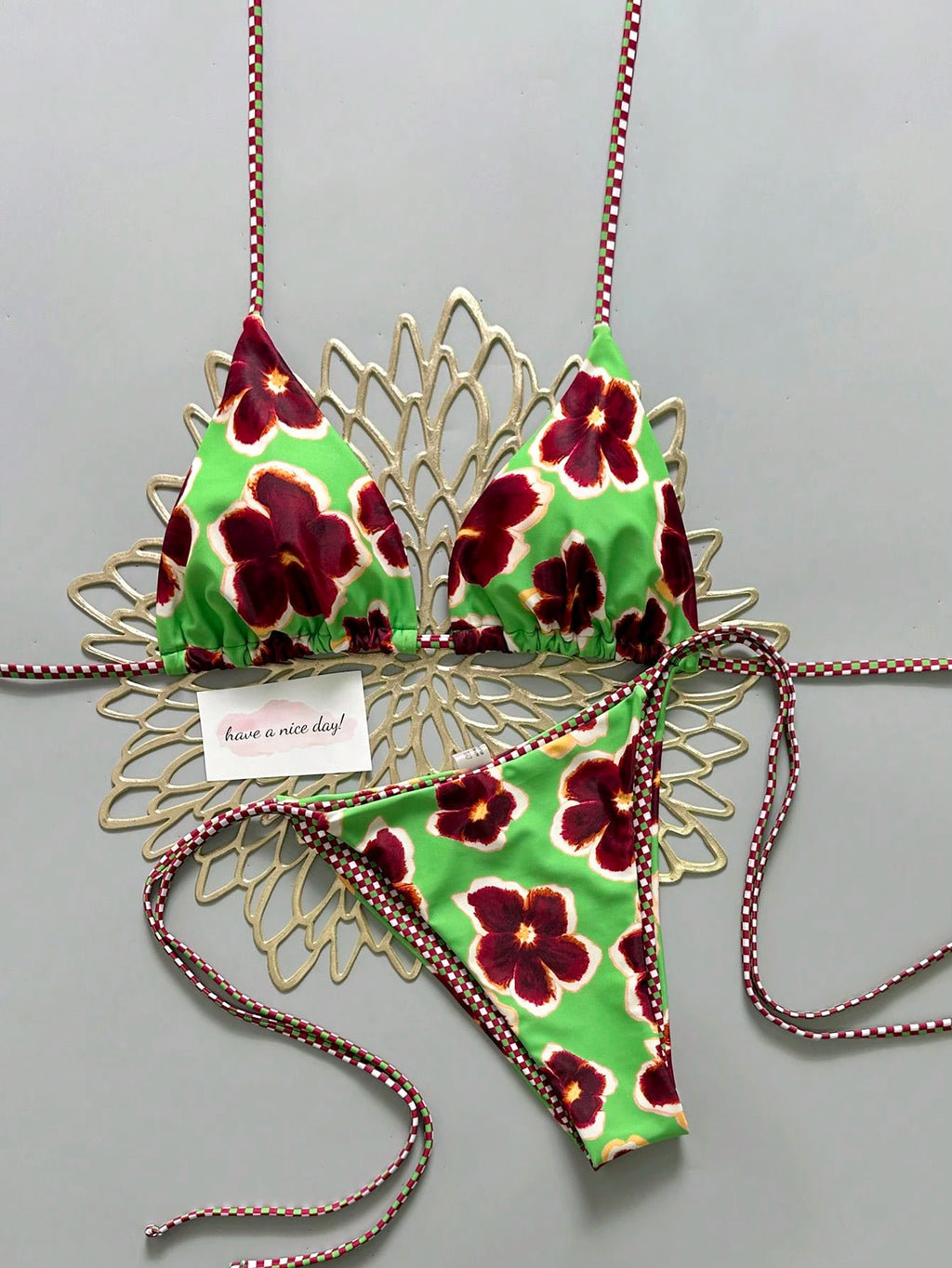 2pcs Retro Floral Colorblock Plaid Print Bikini Swimwear, Suitable