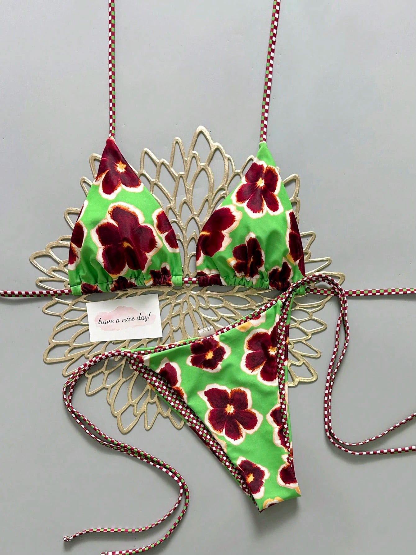 2pcs Retro Floral Colorblock Plaid Print Bikini Swimwear, Suitable