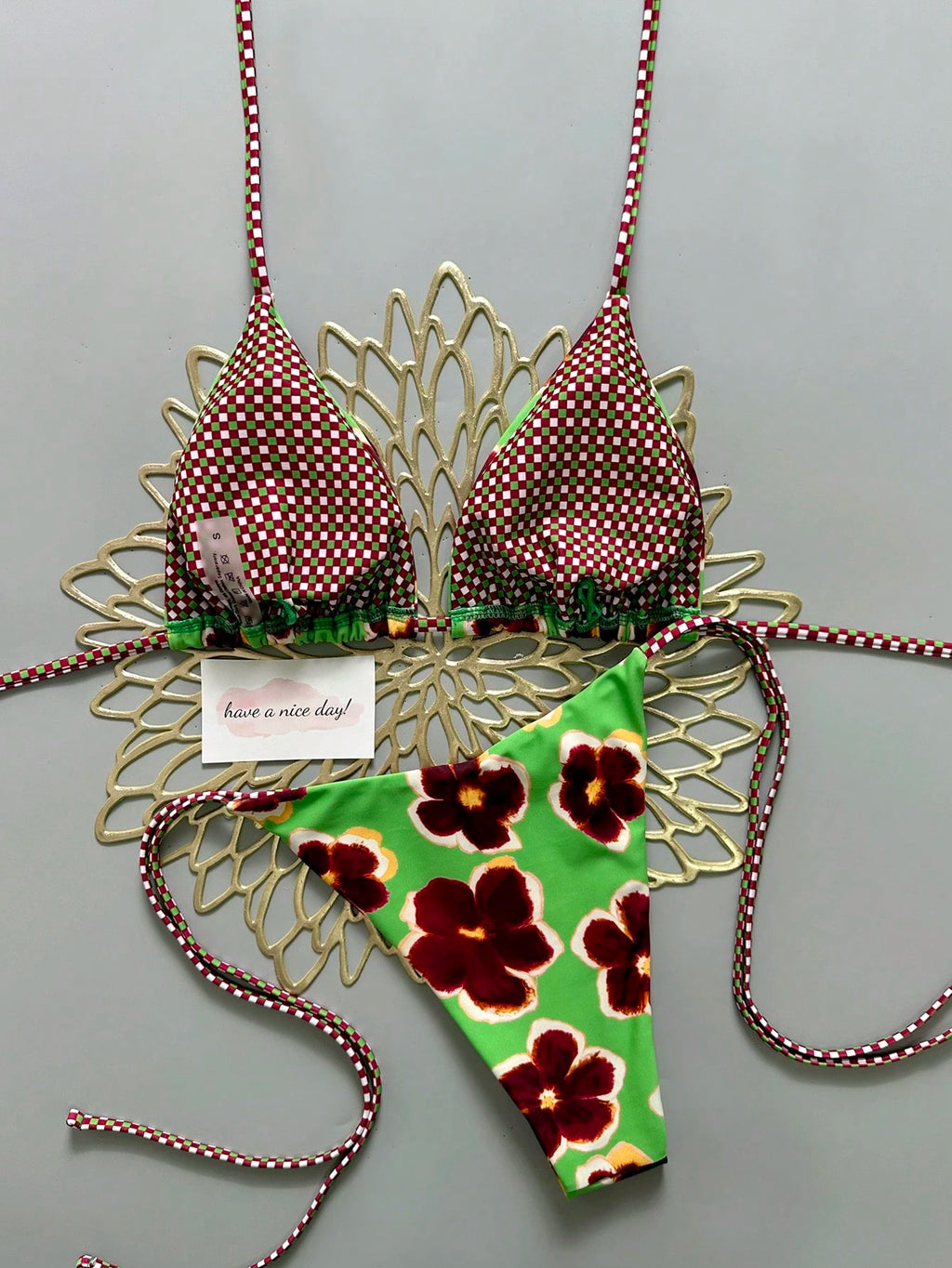 2pcs Retro Floral Colorblock Plaid Print Bikini Swimwear, Suitable