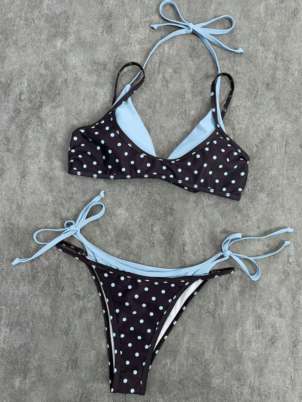 2026 Women's Swimwear Set, Polka Dot Contrast Color Halter Sexy Backless Bikini