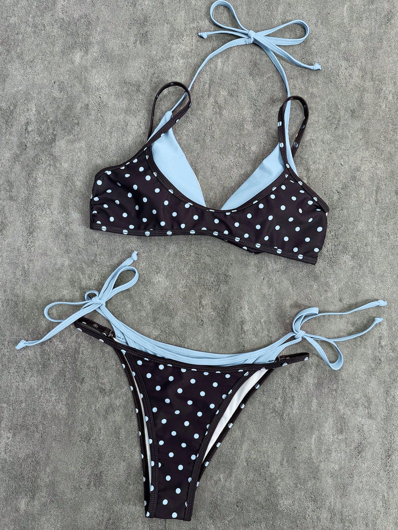 2026 Women's Swimwear Set, Polka Dot Contrast Color Halter Sexy Backless Bikini