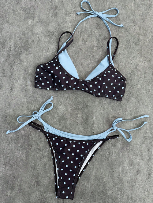 2026 Women's Swimwear Set, Polka Dot Contrast Color Halter Sexy Backless Bikini