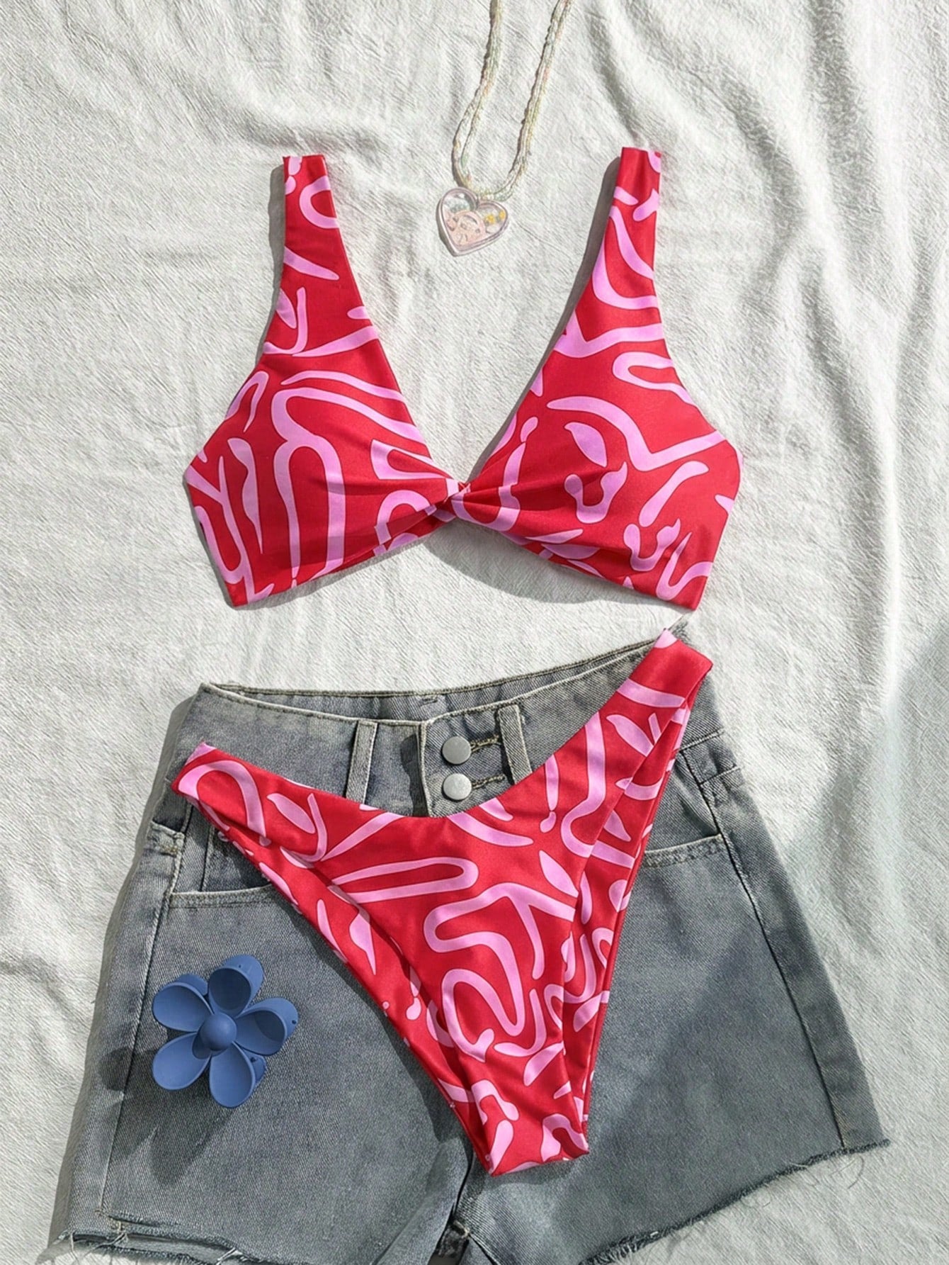 Swim Vcay Women Fashion Blue Floral Print Separate Swimwear Set, Sexy