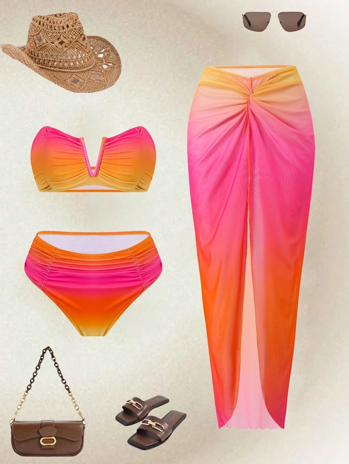Swim Oasis Women's Pink And Orange Bandeau Swimwear Set With Mesh