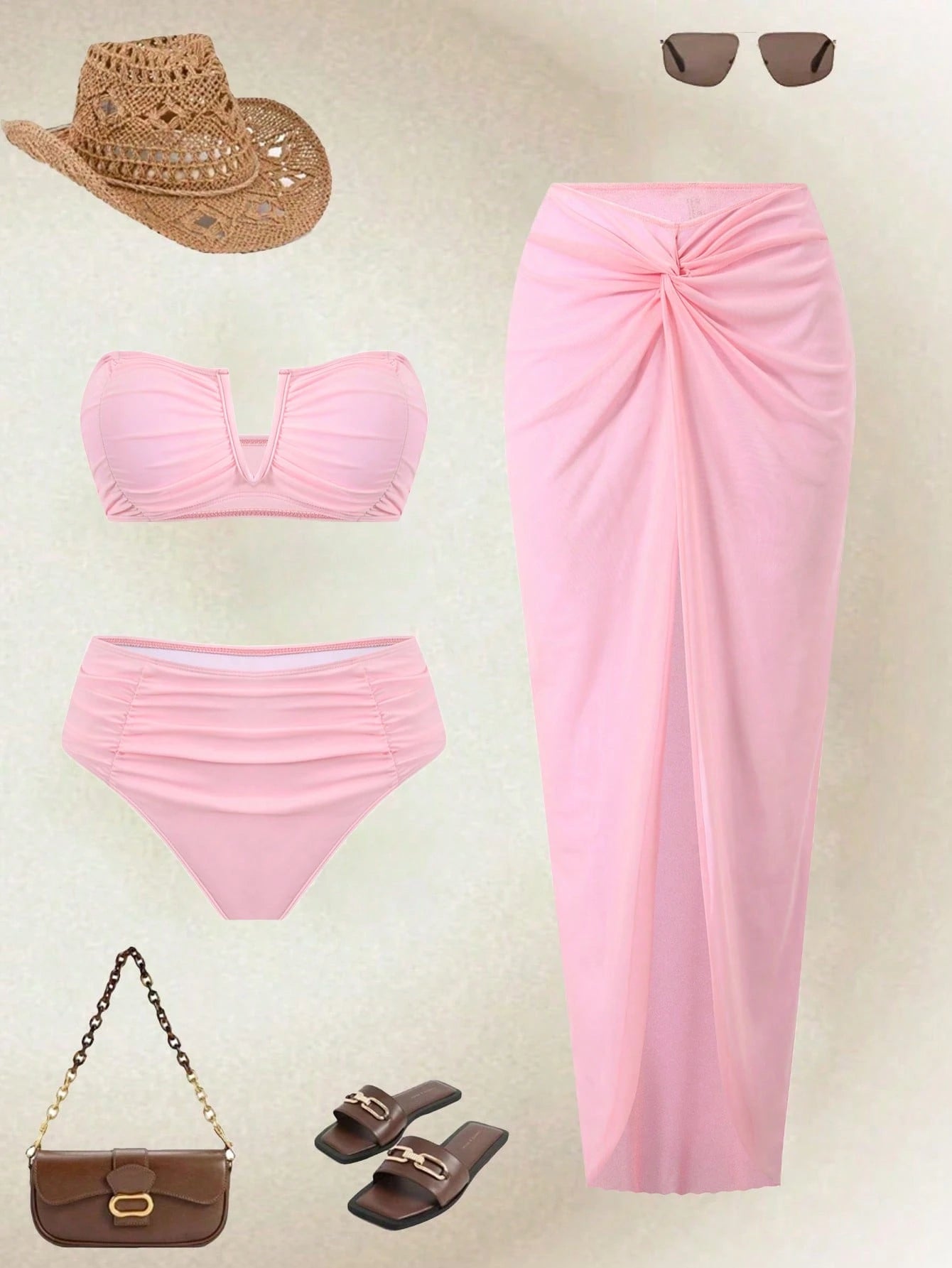 Swim Oasis Women's Pink And Orange Bandeau Swimwear Set With Mesh