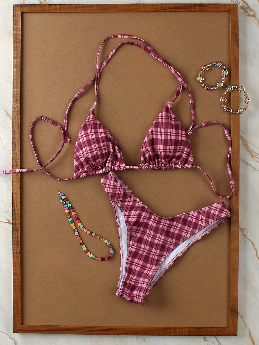 Women's Fashionable Elegant Red Plaid Print Sexy Halter Casual Bikini Set Set, Suitable For Beach Vacation, - image 5