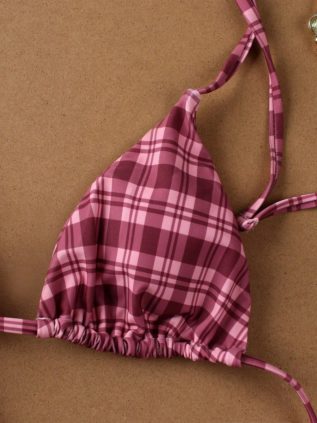 Women's Fashionable Elegant Red Plaid Print Sexy Halter Casual Bikini Set Set, Suitable For Beach Vacation, - image 7
