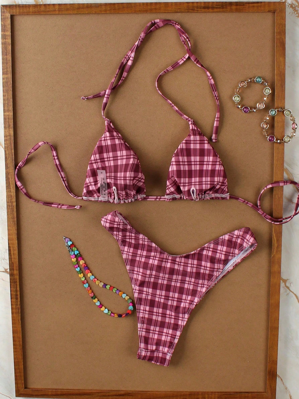 Women's Fashionable Elegant Red Plaid Print Sexy Halter Casual Bikini Set Set, Suitable For Beach Vacation, - image 6