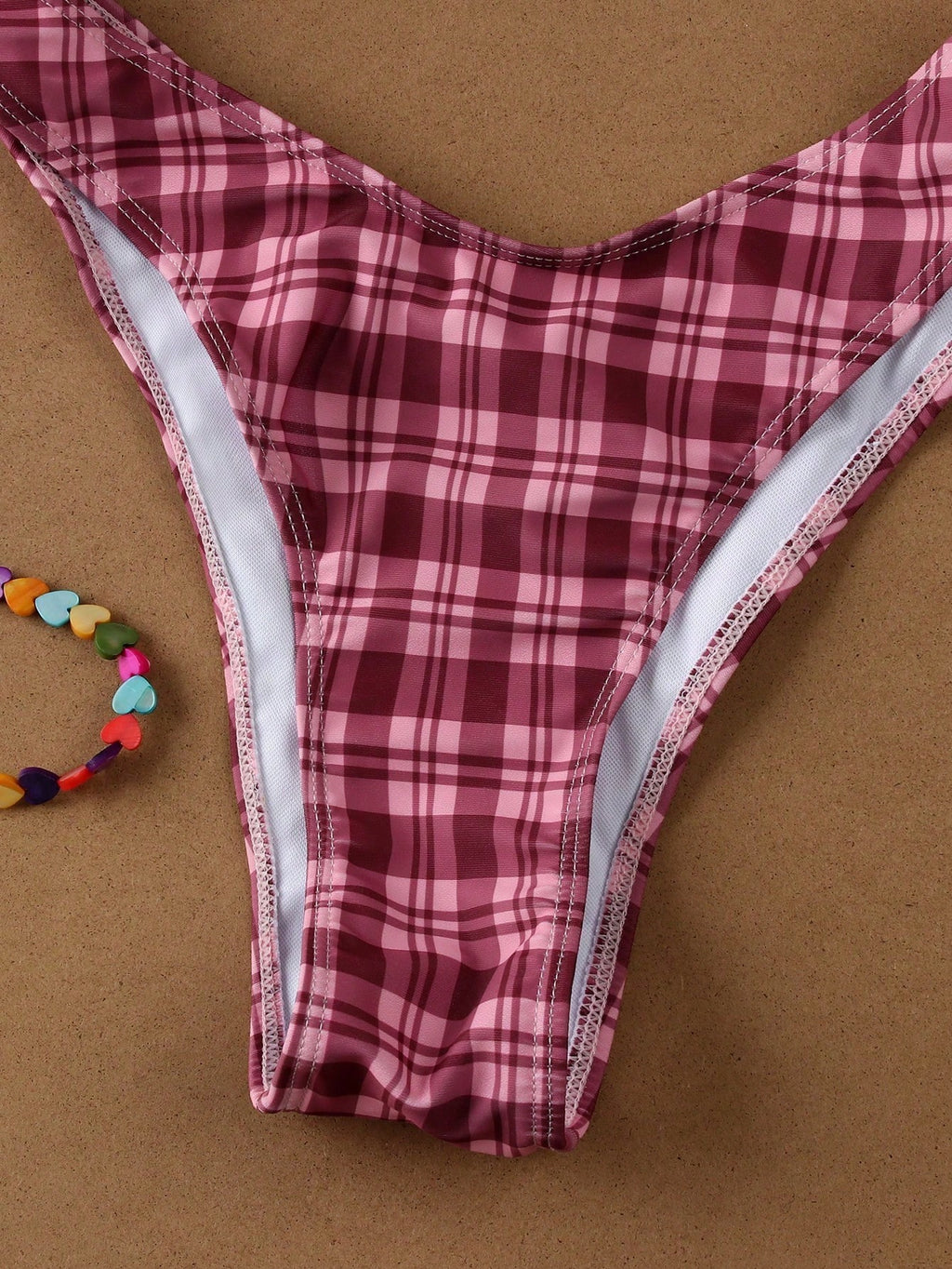 Women's Fashionable Elegant Red Plaid Print Sexy Halter Casual Bikini Set Set, Suitable For Beach Vacation, - image 8