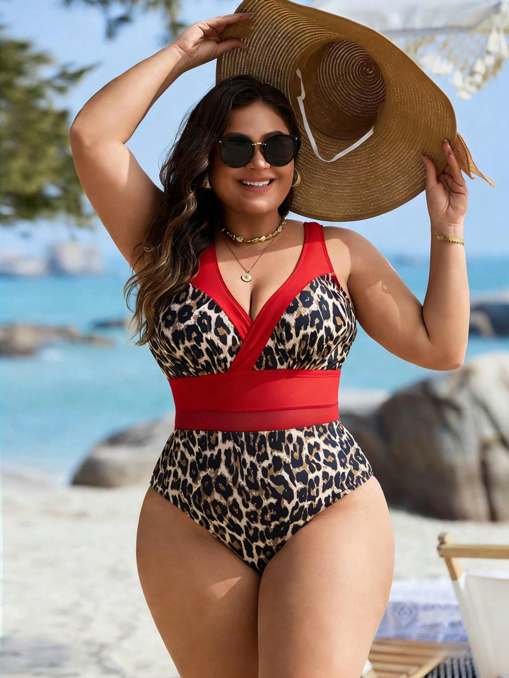 Swim Lushoire Plus Size Women's Black Random Leopard Print Mesh Patchwork Sexy One-Piece Swimsuit, For Summer - image 20