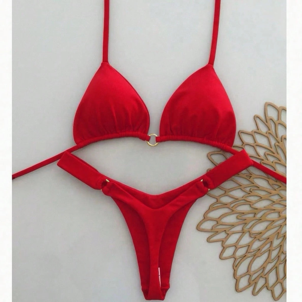 Women's Summer Beach Solid Color Halter Tie Sexy Bikini Swimwear Set Vacation Ye