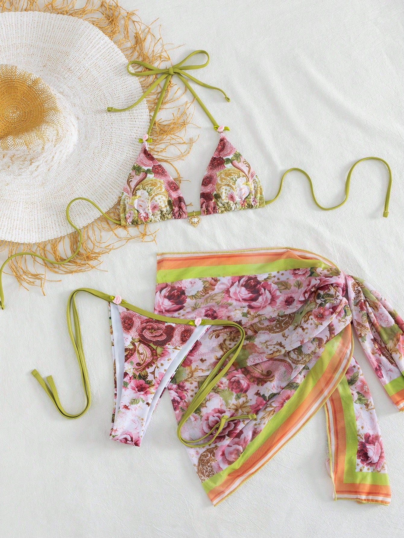 Onefish 2026 Women's Bikini Set, Elegant Floral Print Halter Tie Sexy
