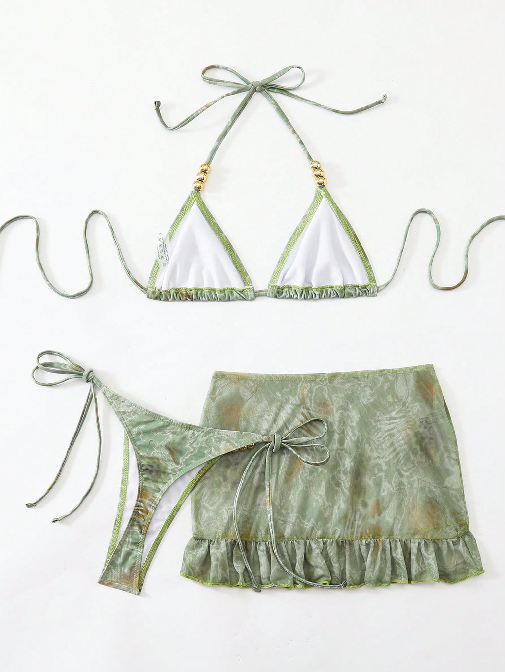 Swim SXY 3pcs Polka Dot Print Halter Neck Beaded Top And Lace-Up Triangle Bikini