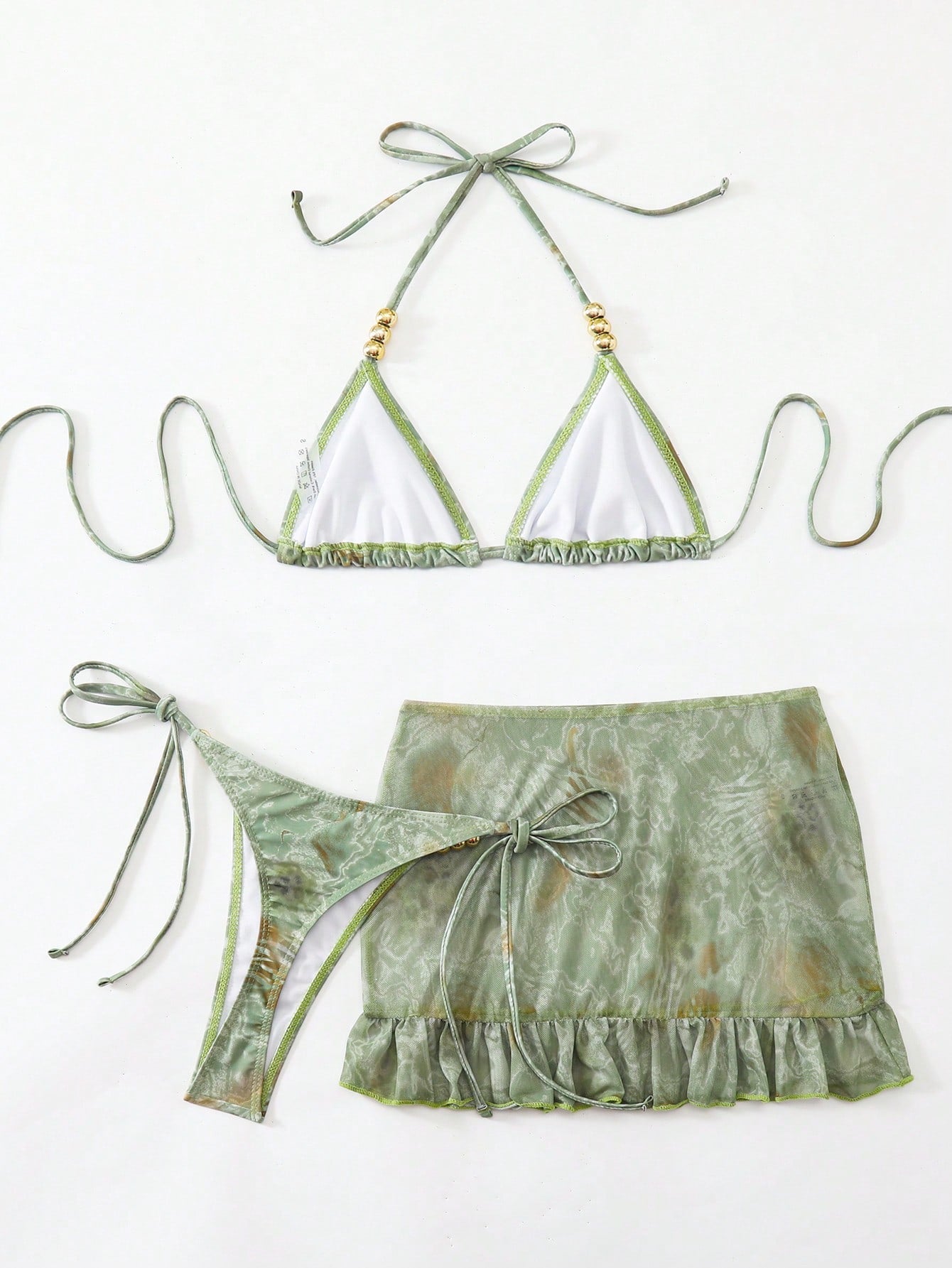 Swim SXY 3pcs Polka Dot Print Halter Neck Beaded Top And Lace-Up Triangle Bikini