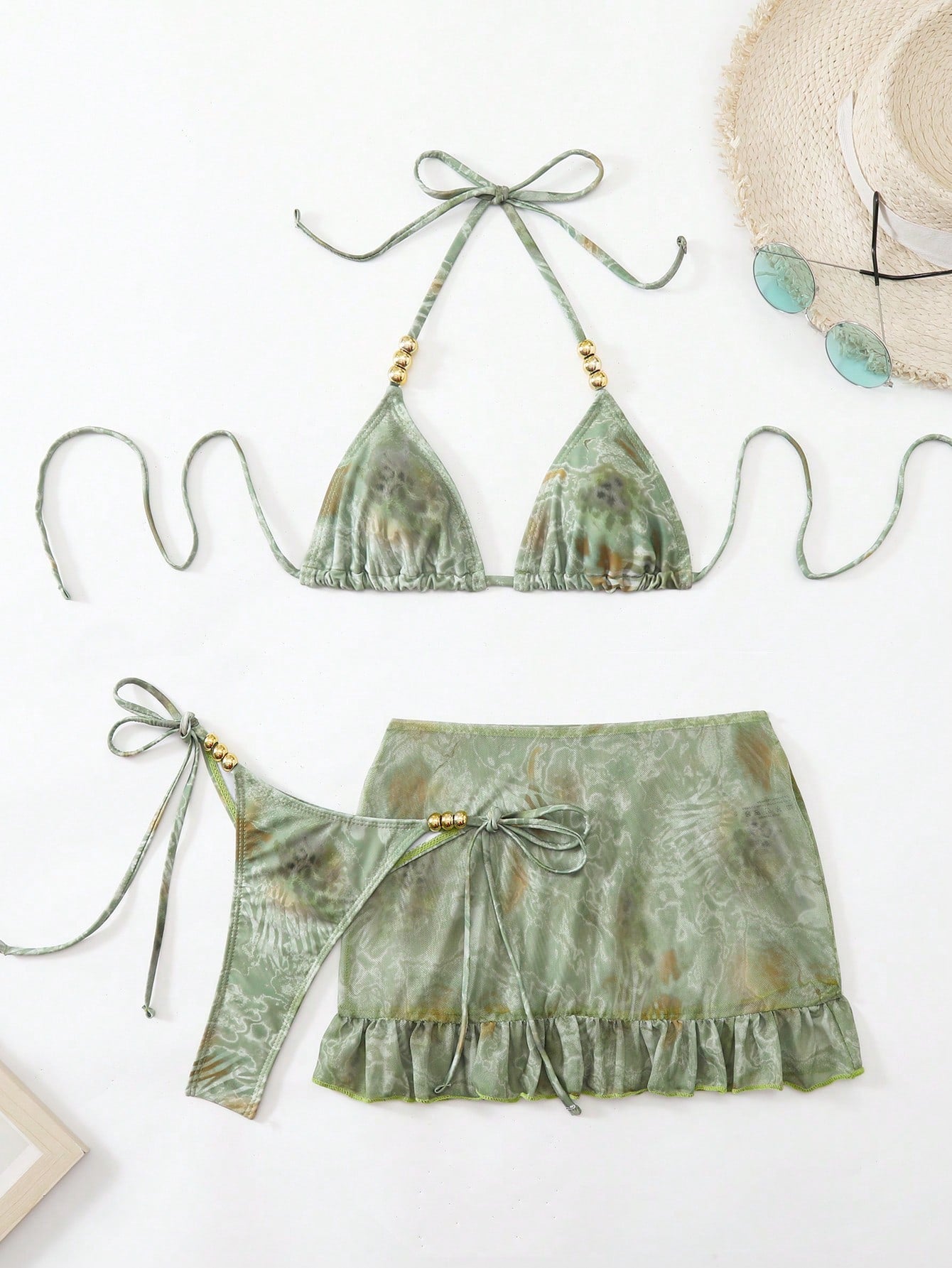 Swim SXY 3pcs Polka Dot Print Halter Neck Beaded Top And Lace-Up Triangle Bikini