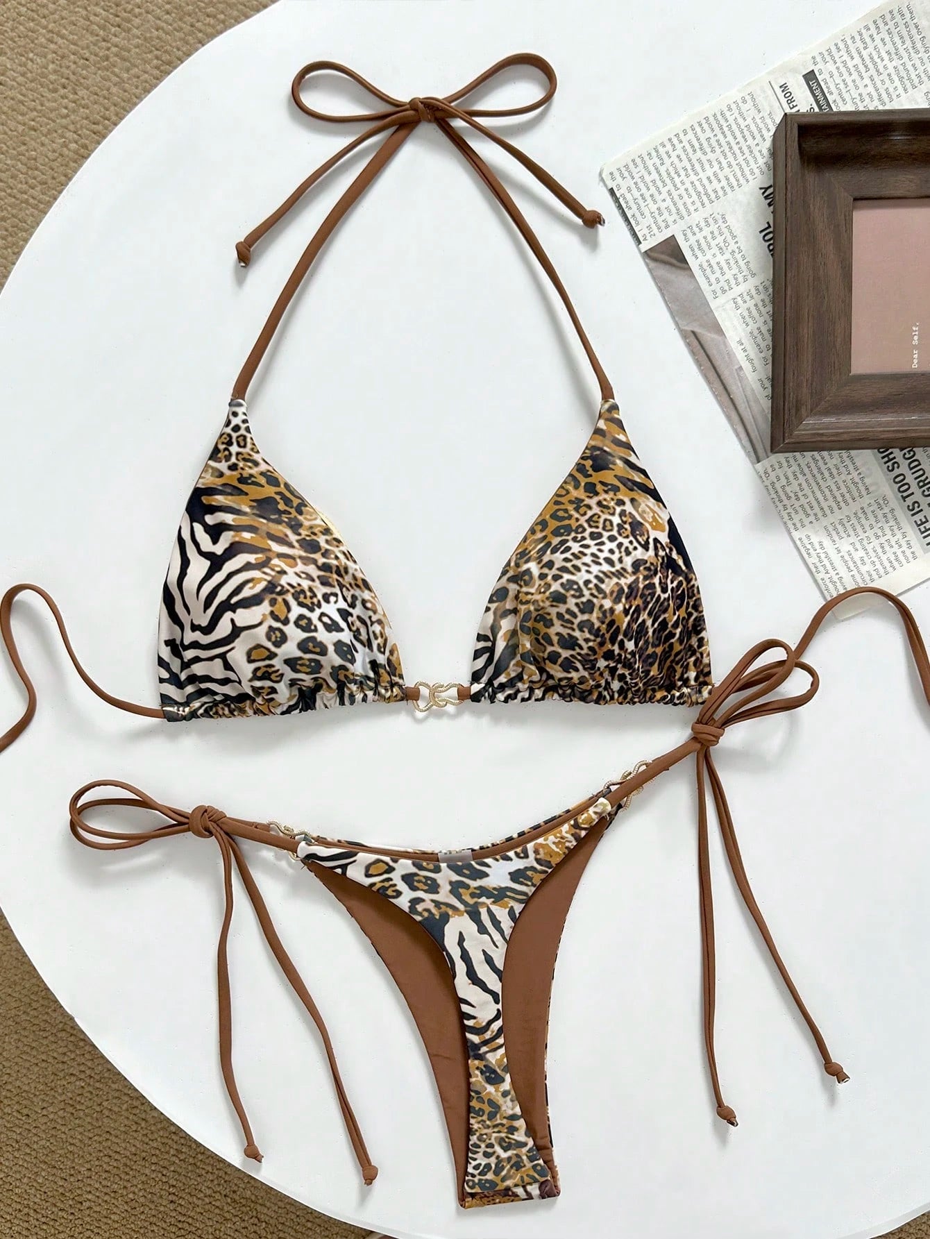 Swim Mod Spring/Summer Digital Print Triangle Wireless Bra Top And Side Tie Biki