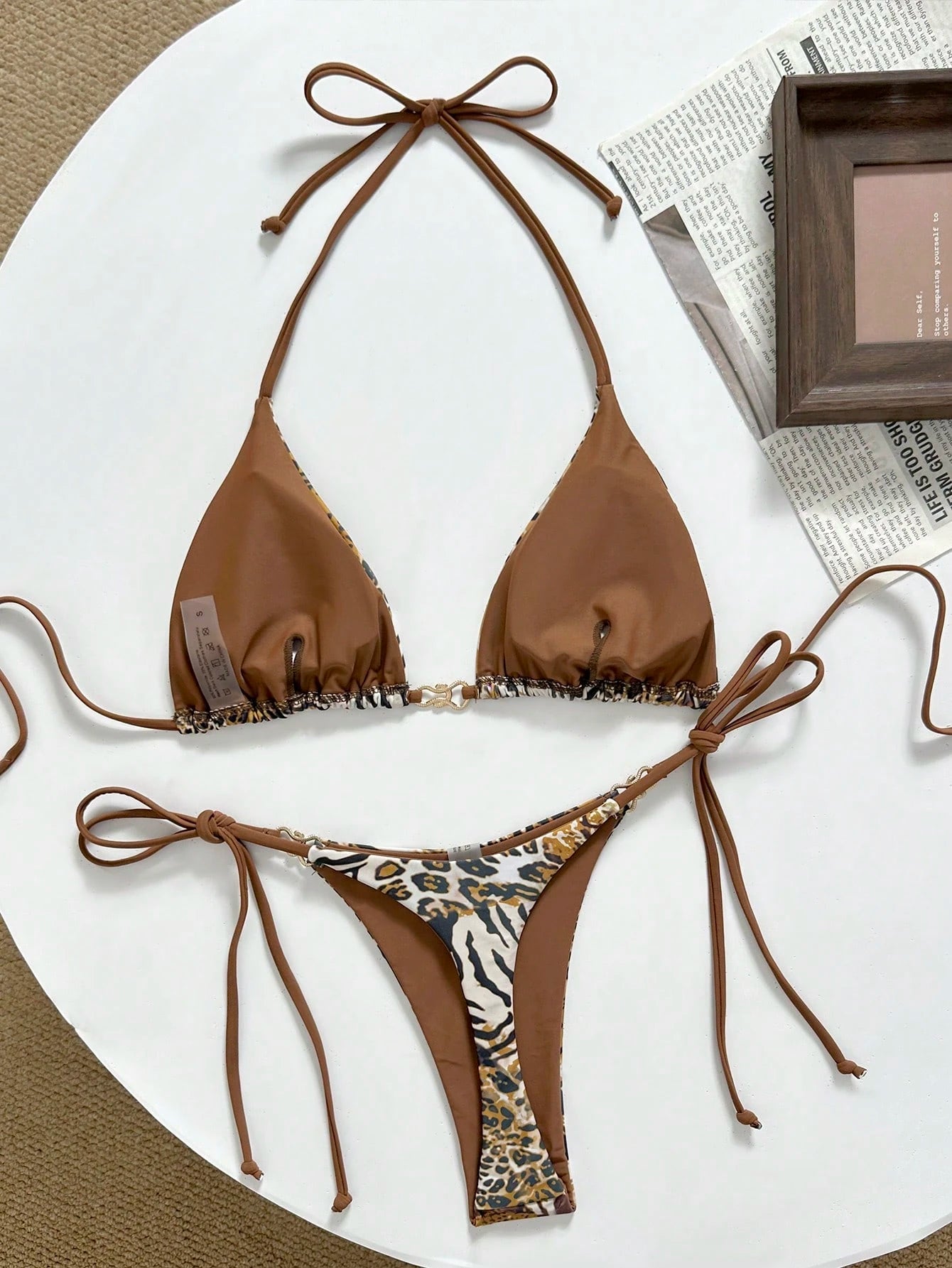 Swim Mod Spring/Summer Digital Print Triangle Wireless Bra Top And Side Tie Biki