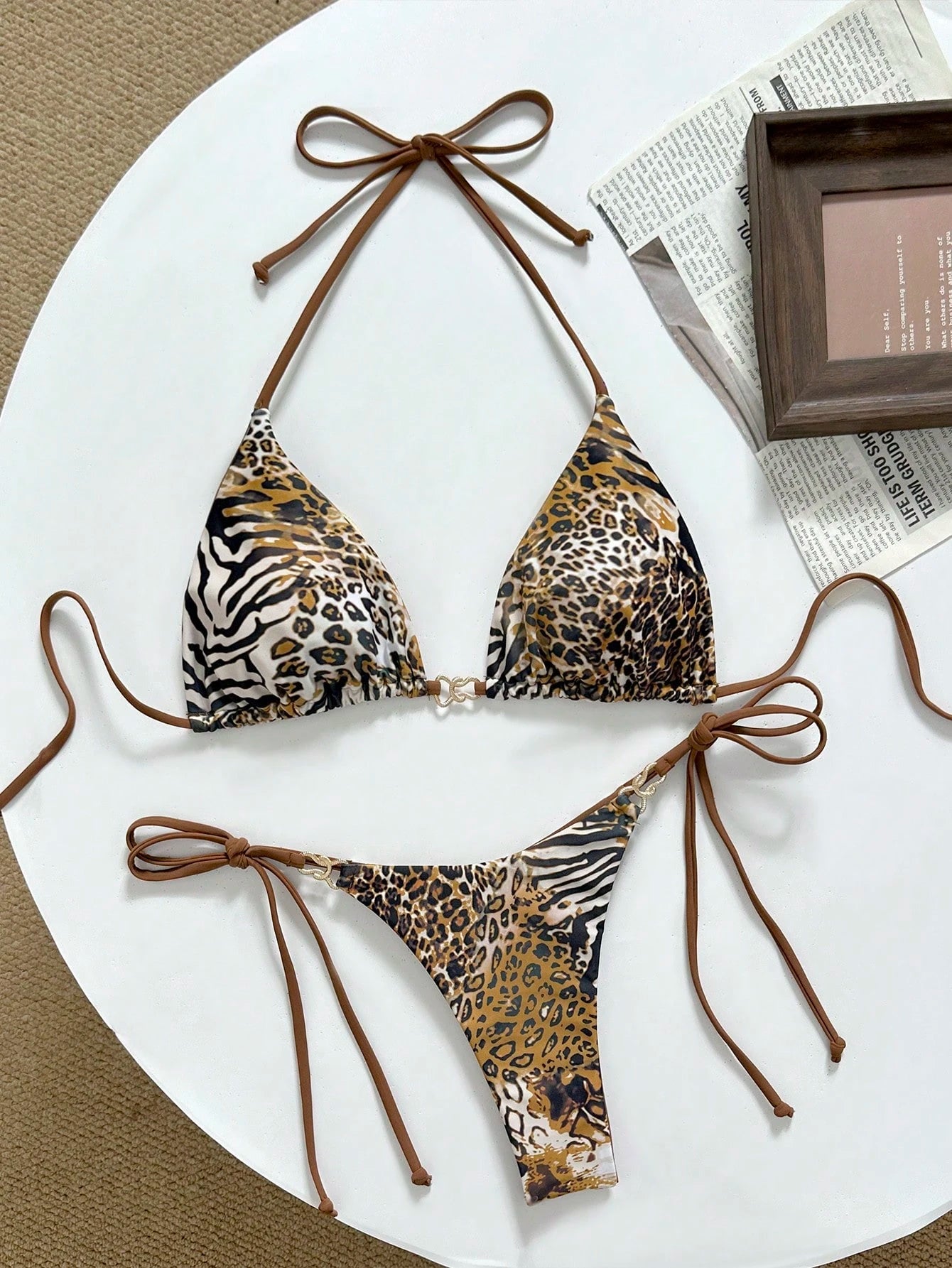 Swim Mod Spring/Summer Digital Print Triangle Wireless Bra Top And Side Tie Biki