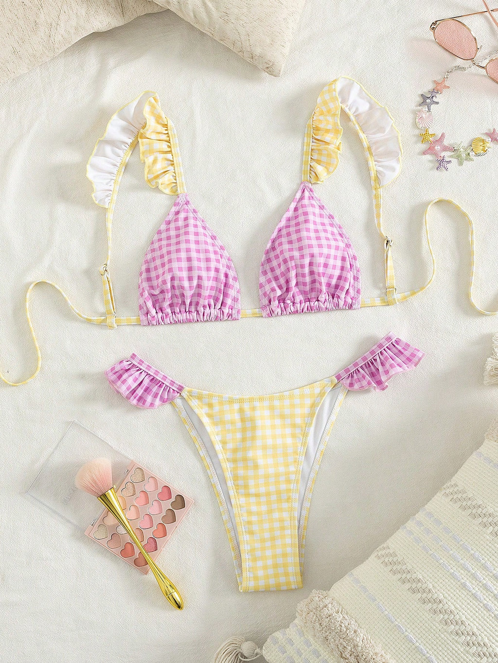 Spring & Summer Women's Sexy Pink & Yellow Plaid Ruffle Trim Bikini