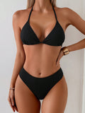 2pcs/Set Summer Vacation Striped Halter Bikini Set White Beach