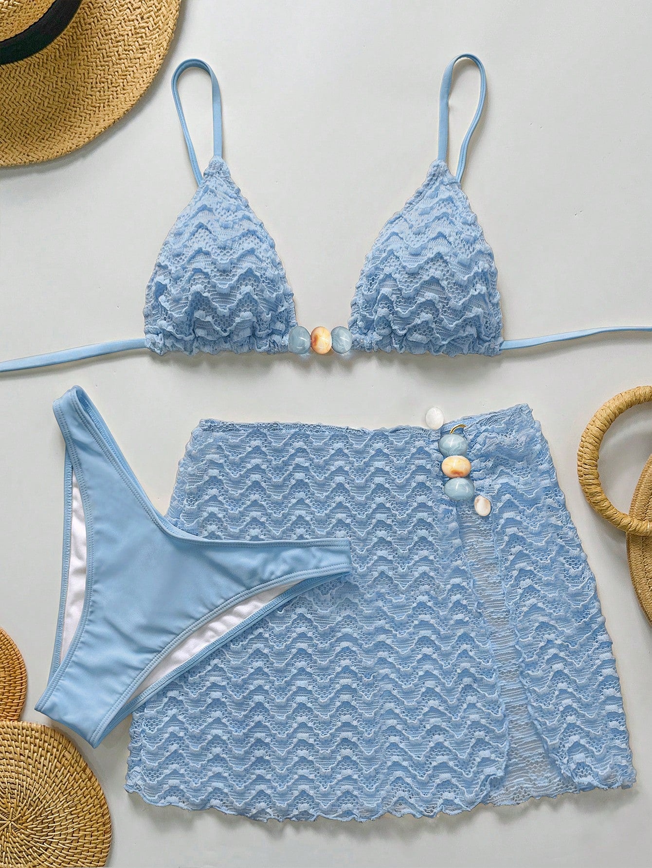 Bikinx 3pcs Women's Summer Wavy Backless Bikini Set, Including Beaded