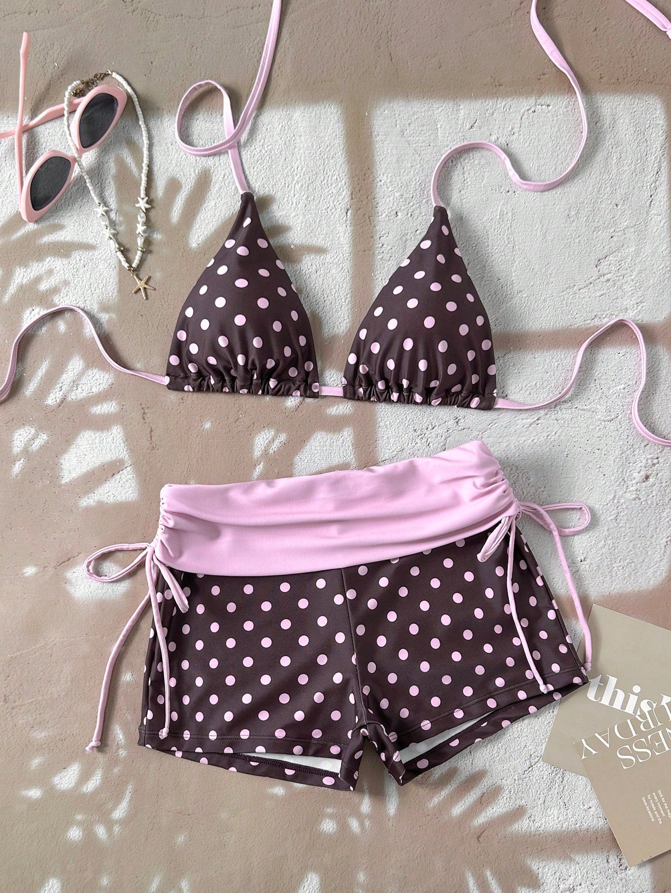 Swim Mod 2026 Women Swimwear 2 Pieces Set,Brown And Yellow Polka